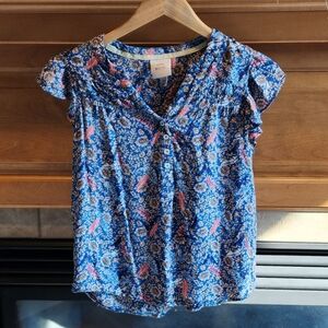 Knox Rose Women's XS Off The Coast Feather Floral Flutter Sleeve Blouse Top